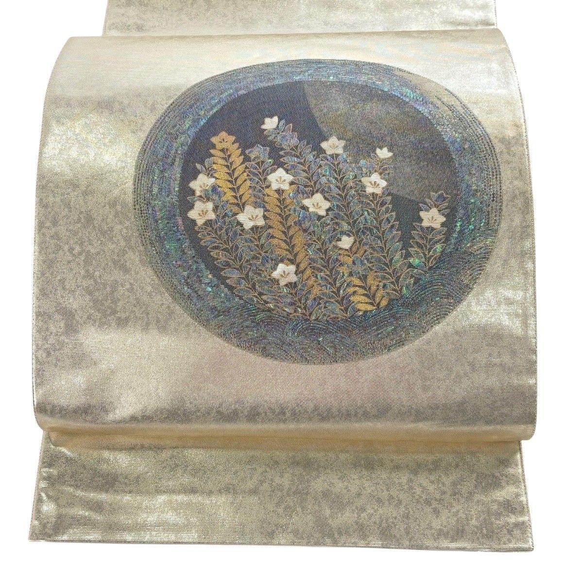 【美品】 袋帯 秀品 丸紋 桔梗 螺鈿箔 クリーム お太鼓柄 正絹 【中古】
