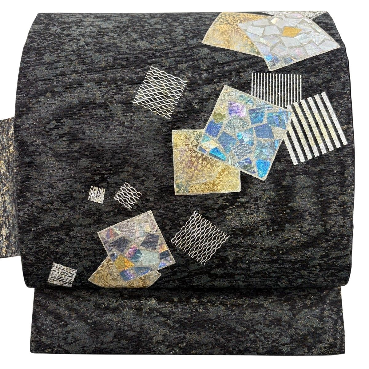 【美品】 名古屋帯 秀品 落款 堀工房 色紙 縞 箔 墨色 正絹 【中古】