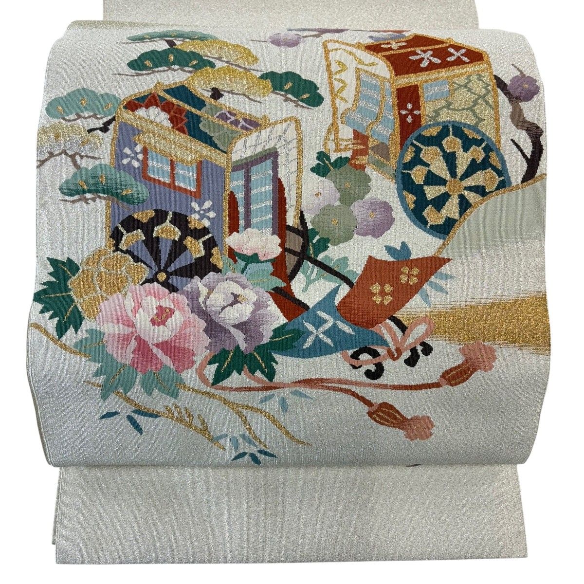 【美品】 名古屋帯 秀品 八寸名古屋帯 松葉仕立て 御所車 草花 金銀糸 箔 クリーム 正絹 【中古】