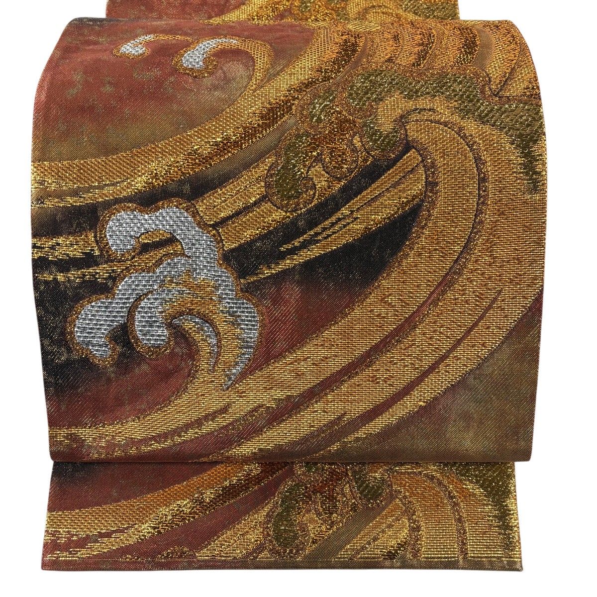 【美品】 袋帯 秀品 波頭 箔 赤茶 六通 正絹 【中古】