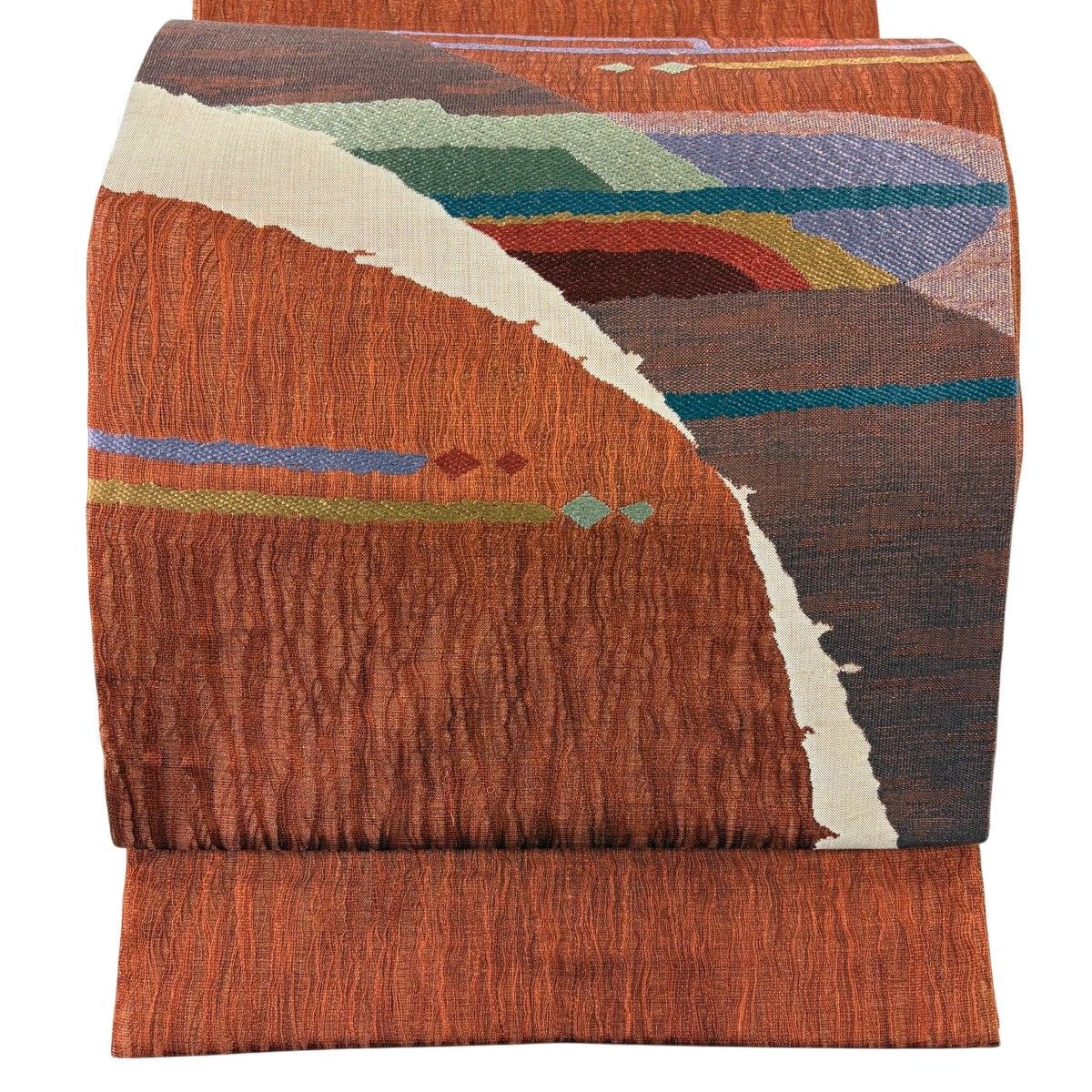 【美品】 袋帯 秀品 幾何学 箔 赤茶 お太鼓柄 正絹 【中古】