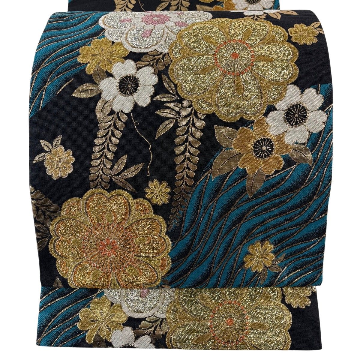 【美品】 袋帯 秀品 草花 波 金糸 箔 黒 六通 正絹 【中古】