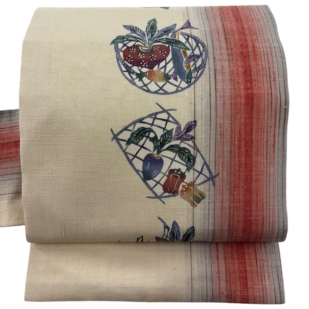 【美品】 名古屋帯 秀品 落款 紬地 野菜 籠 ベージュ 正絹 【中古】