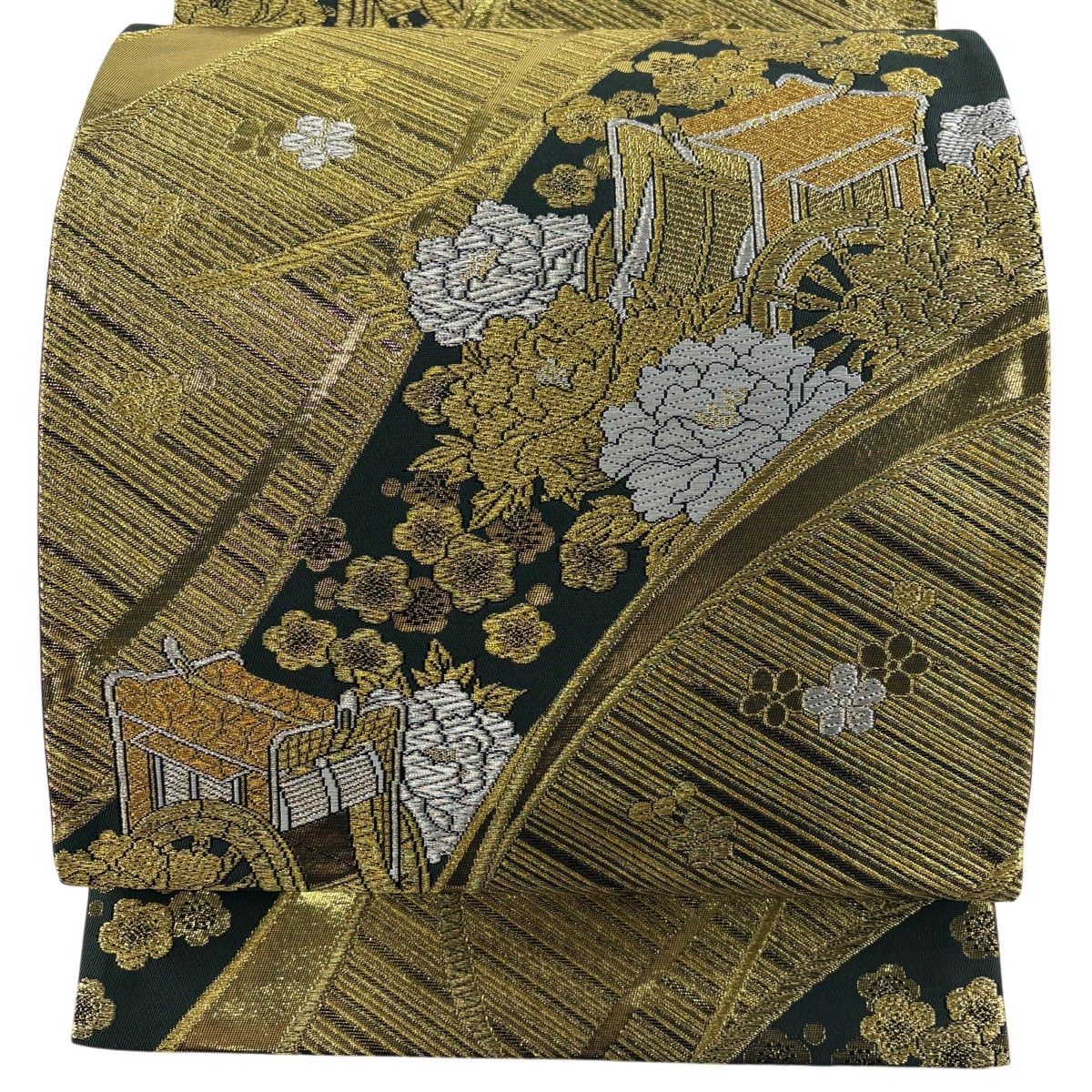 【美品】 袋帯 秀品 御所車 牡丹 金銀糸 箔 深緑 六通 正絹 【中古】
