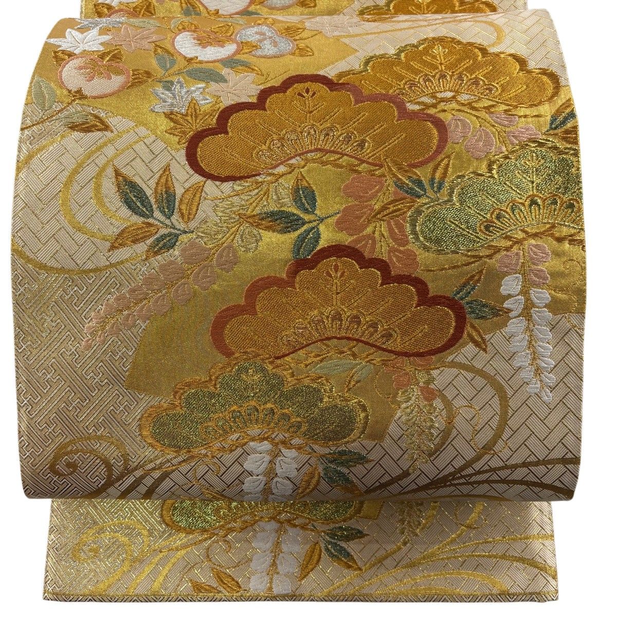 【美品】 袋帯 秀品 落款 松 橘 金銀糸 箔 ベージュ 六通 正絹 【中古】
