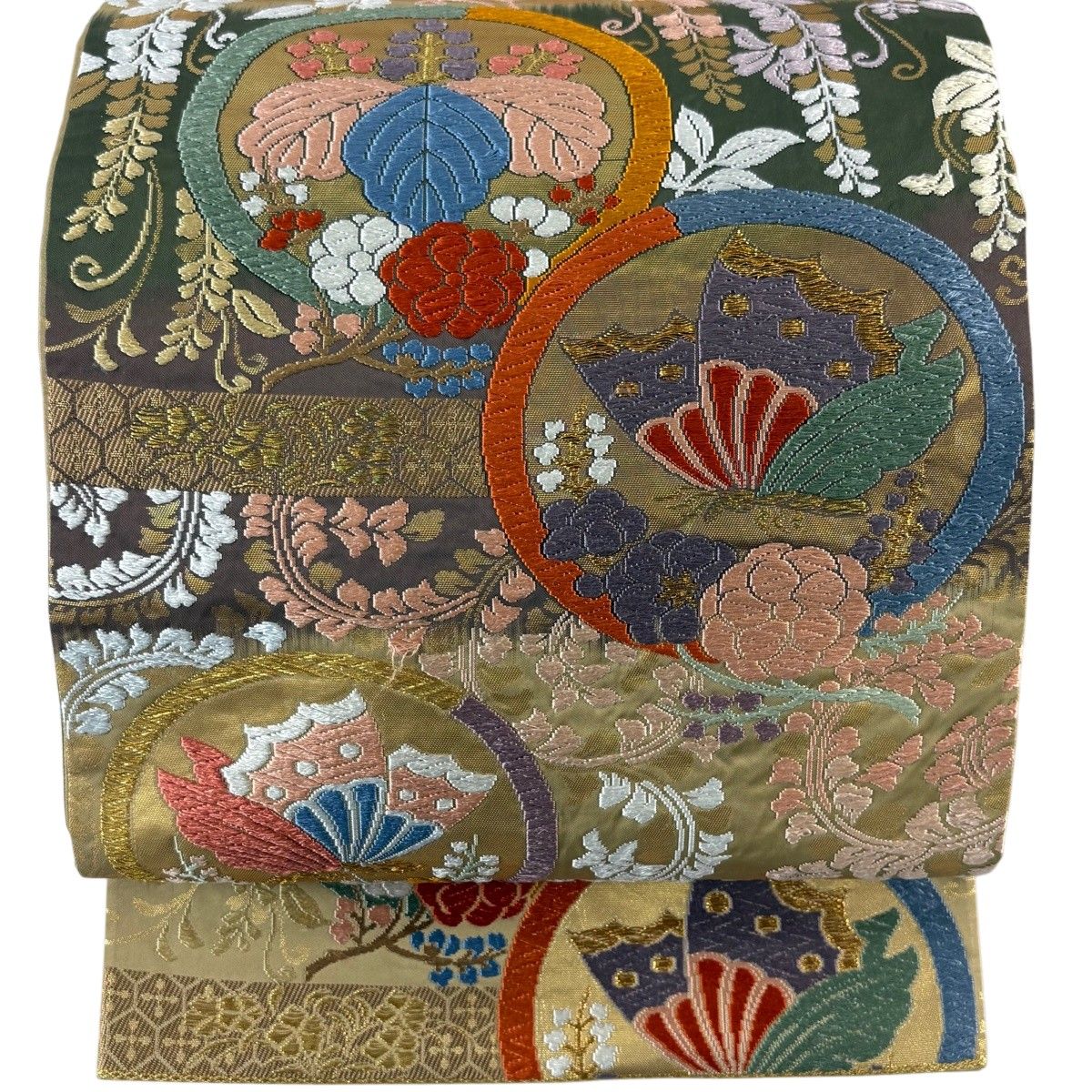 袋帯 秀品 鎌倉文 藤 唐織 金糸 薄茶色 六通 正絹 【中古】