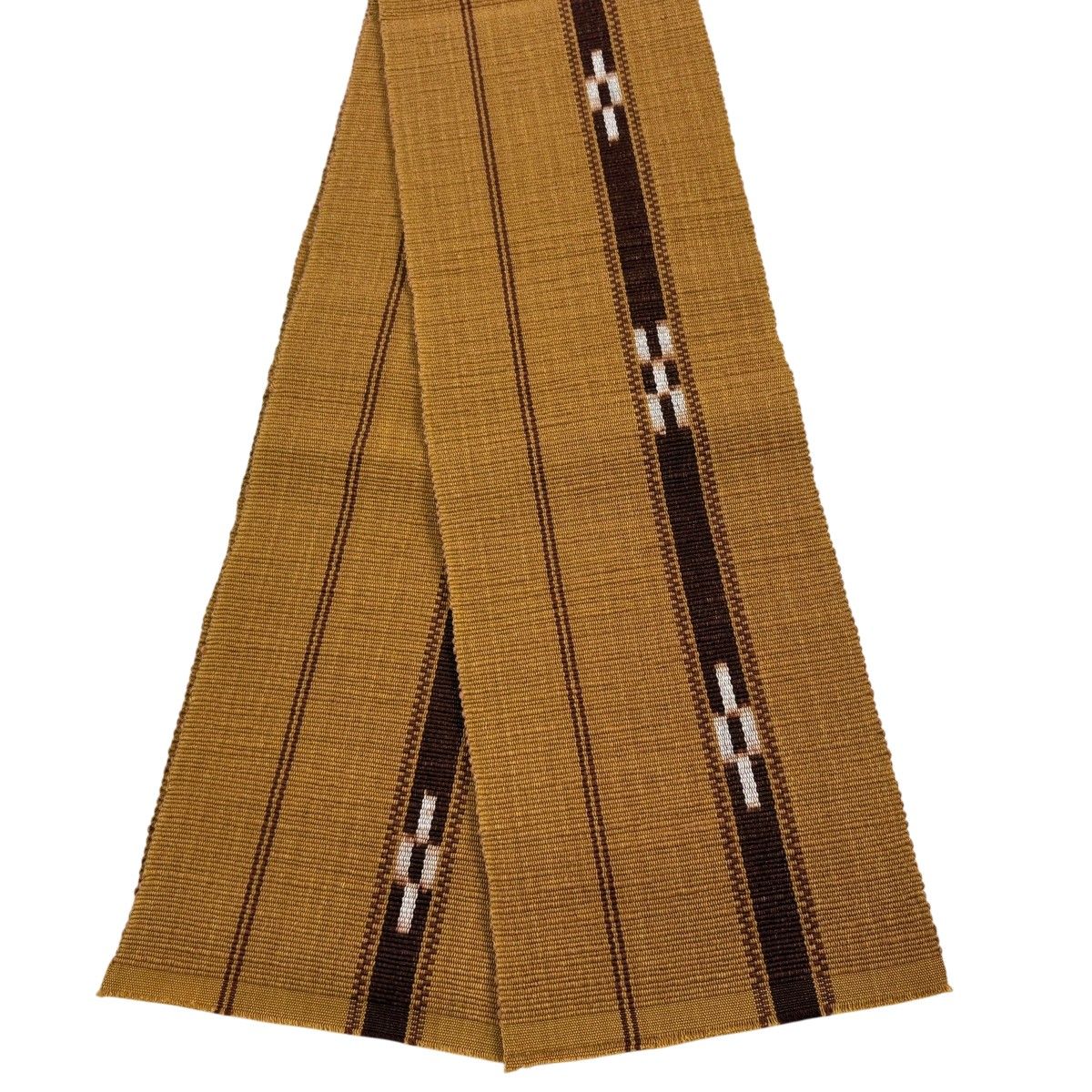 【美品】半幅帯 秀品 幾何学模様 縞 山吹茶色 綿 【中古】