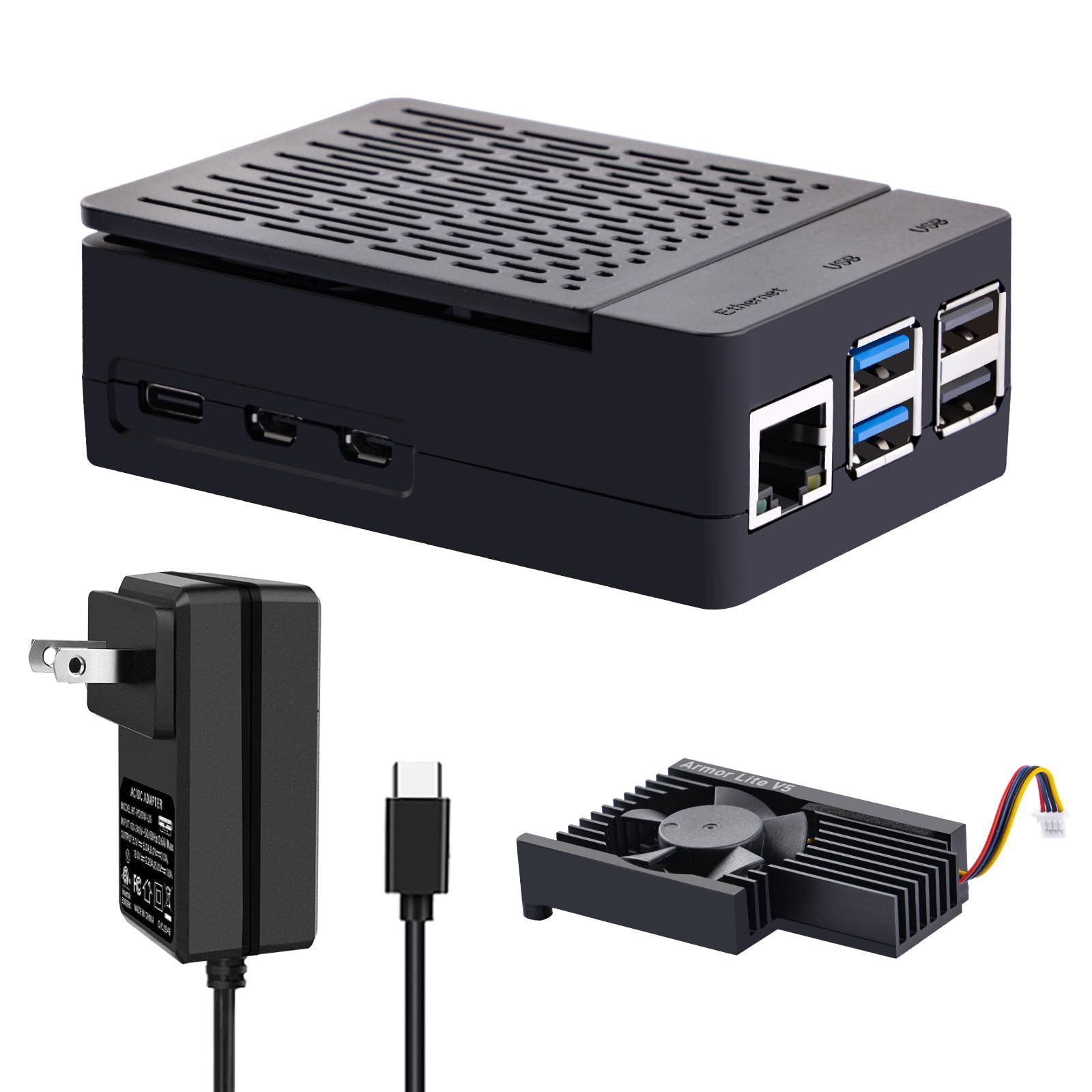 GeeekPi Raspberry Pi 5用ケース 27W PD電源アダプター付き ヒートシンク＆冷却ファン搭載 USB-C 5V 5A電源セット Raspberry Pi 5（8GB/4GB）対応