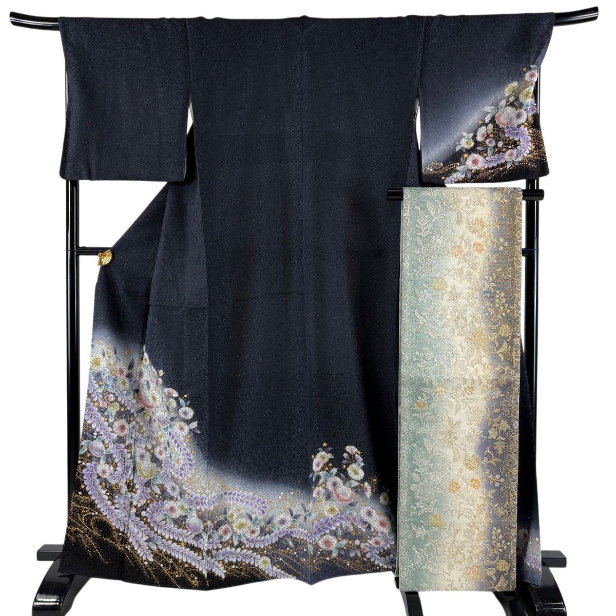 【美品】 訪問着 身丈164.5cm 裄丈69.5cm L 袷 袋帯セット 辻が花柄 銀通し 金彩 墨色 正絹 名品 【中古】