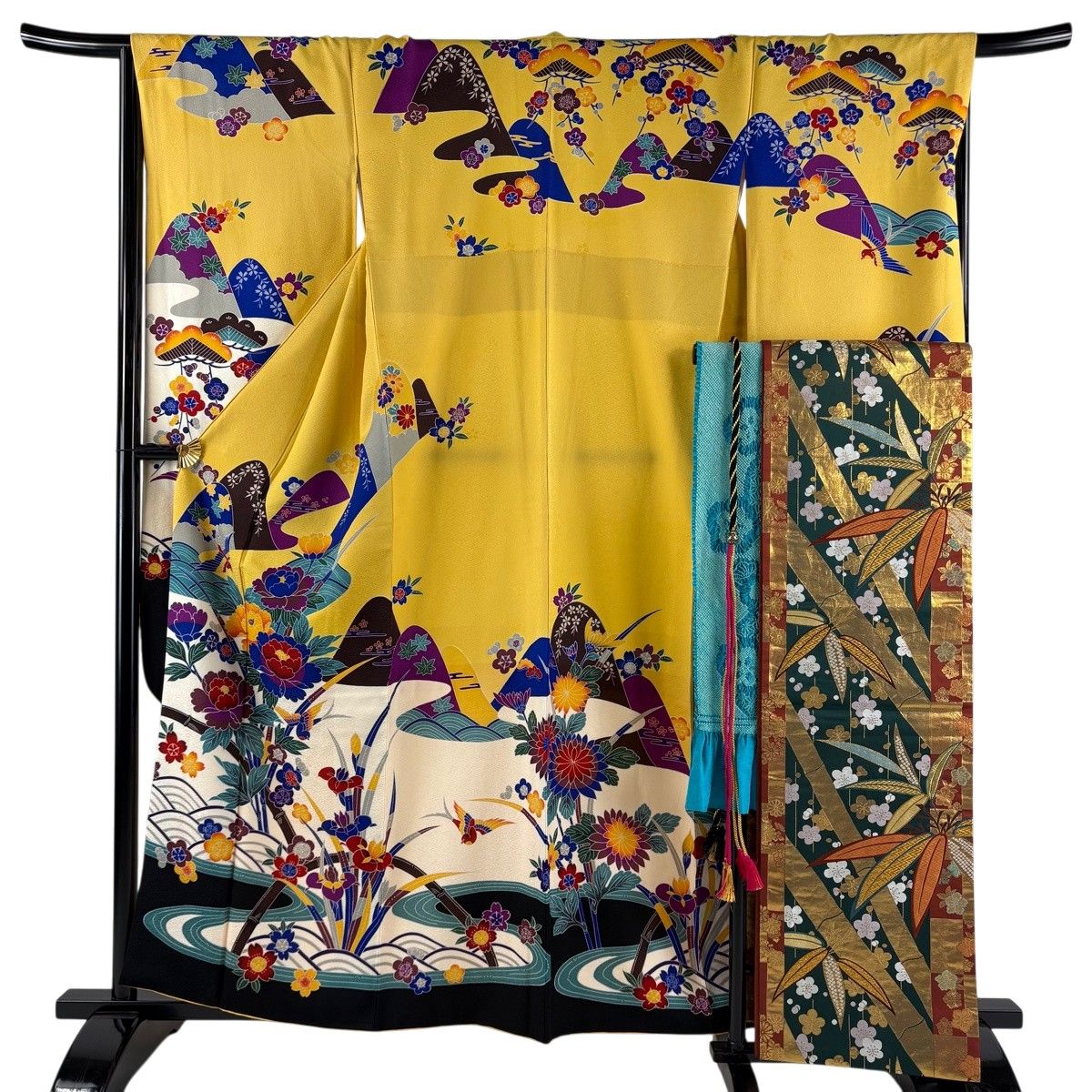 【美品】 振袖 身丈160cm 裄丈67cm M 袷 袋帯フルセット 牡丹 鳥 染め分け 黄色 正絹 名品 【中古】