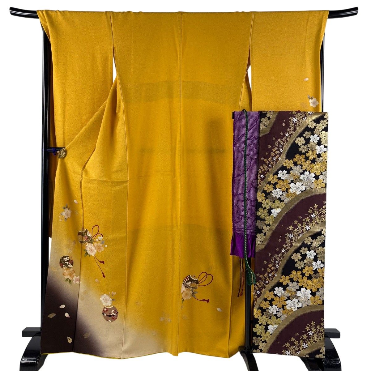 【美品】 振袖 身丈167cm 裄丈69cm L 袷 袋帯フルセット 鈴乃屋 鈴 桜 金彩 染め分け 山吹色 正絹 秀品 【中古】
