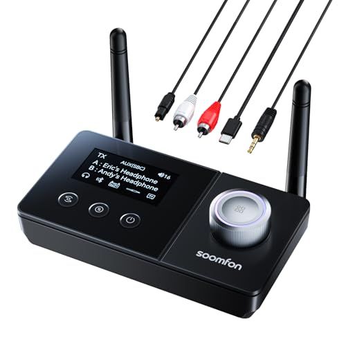 Bluetooth 5.3 トランスミッター レシーバー SBC 対応 - SOOMFON 3-in-1 ブルートゥース 送信機 受信機 BYPASS 一台三役 Aux 3.5mm RCA 光 デジタル接続 画面表示 2台同時接続 通信距離3 7a835554