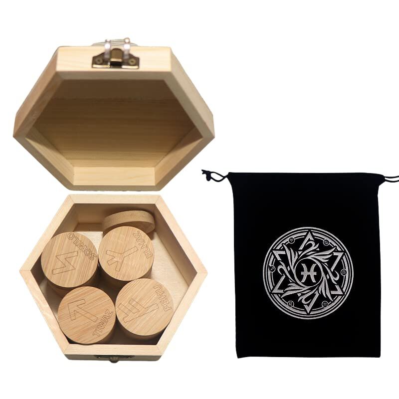 【新品】 セドナの魔法 木製ルーン 25個セット 六角形の木箱とポーチ付き ウッドチップ ルーン占い