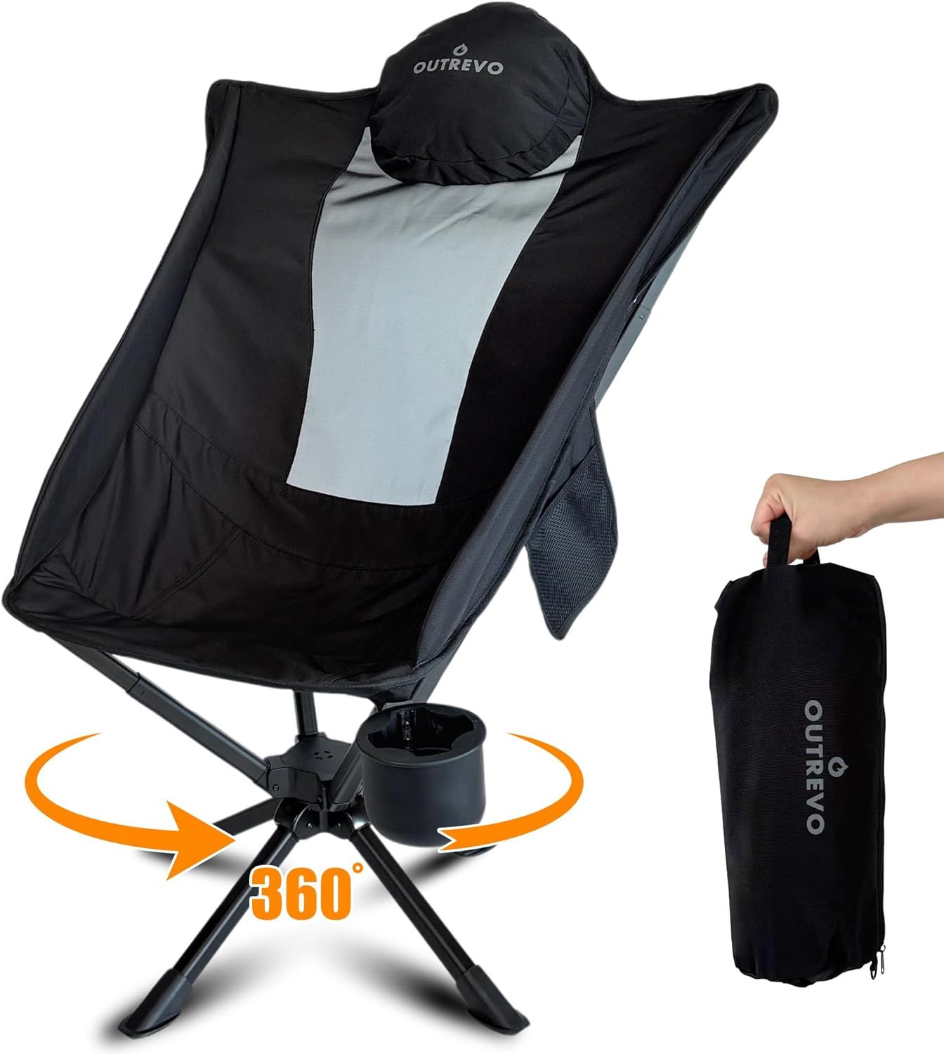 OUTREVO リボルバープラス アウトドアチェア ハイバック 360度回転 軽量 コンパクト 折りたたみ 椅子 収納袋付 ブラック