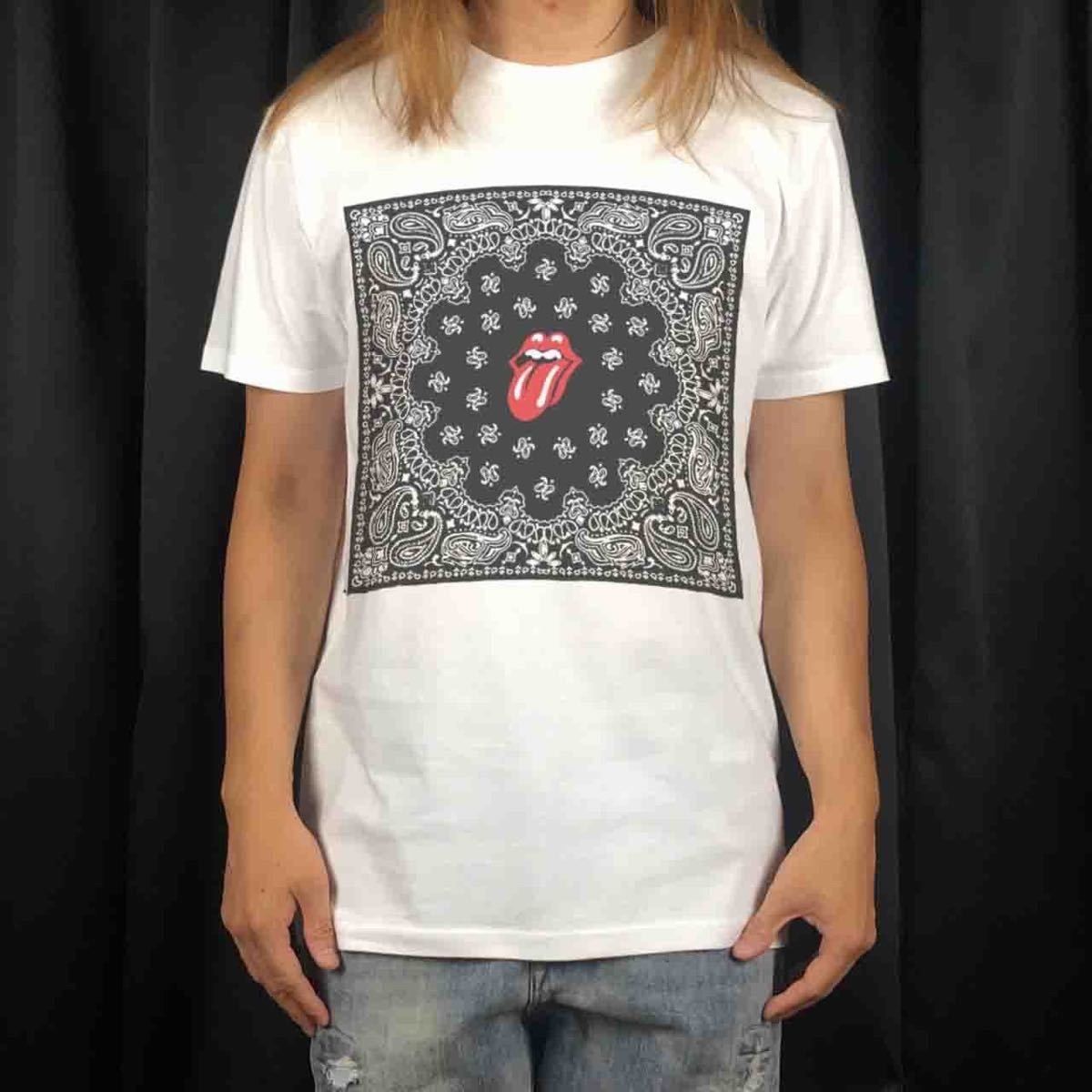 オリジナル Tシャツ ビッグ プリント ローリングストーンズ 舌 ベロ バンダナ柄 バンド ロゴ Tシャツ S M L XL タイト ジャスト 大きい ビッグ オーバーサイズ メンズ レディース ユニセックス ピンククリーム