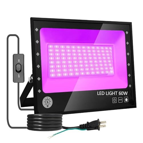 ARREBOL （アレボル）led投光器 ブラックライト60W紫外線ライト 投光器 紫外線投光器 PSE認証 IP66防水機能 UVライト395-405nm1.8Mコード 屋外用 舞台照明 画廊 装飾ライト パーティー用品 3Dモデル乾燥用 DJディスコ 雰囲