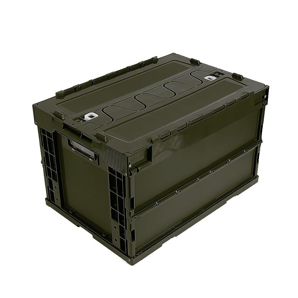 日本製 コンテナ ボックス 折り畳み 50l 耐久 取っ手付き 耐荷重 160キログラム 頑丈 軽量 収納ボックス 持ち運び簡単 折り畳み アウトドア コンテナ 積む 折りコン オリコン (単品, ダークグリーン)
