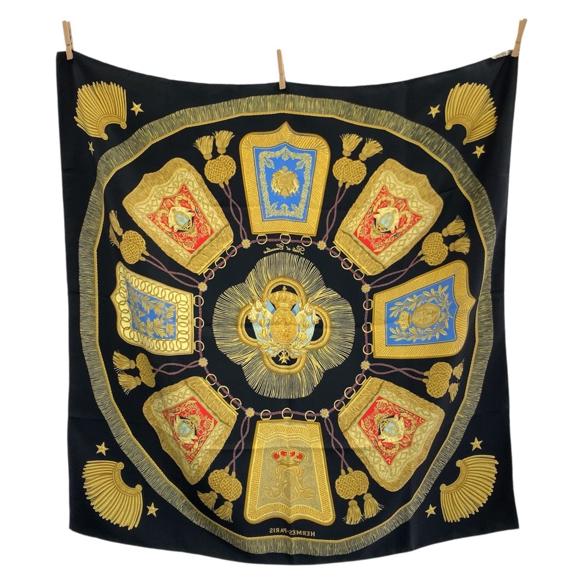 美品 HERMES エルメス Poste et Cavalerie カレ90 ブラック マルチ