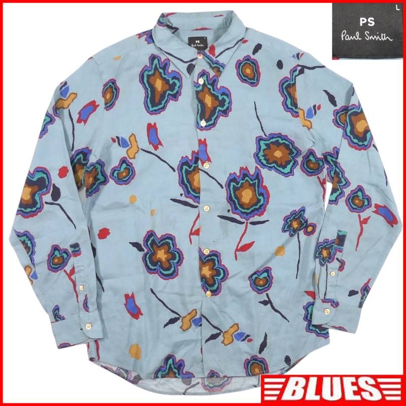 Paul Smith ポールスミス シャツ L 長袖シャツ 花柄 フラワー柄 ライトブルー 総柄 古着 メンズ 長袖 ボタンシャツサイズL一覧←SEULB屋着古← NS713
