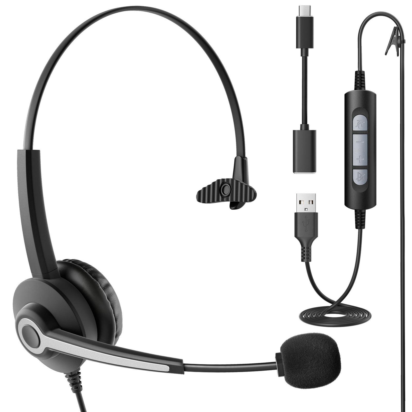Wantek ヘッドセット USB Type-C 片耳 ノイズキャンセリングマイク付き コールセンター ヘッドセット Skype、Web会議、コールセンター、リモートワーク、在宅勤務に適用される プロ ビジネス 通信事業者 PC用ヘッドホン 明瞭な通 ...