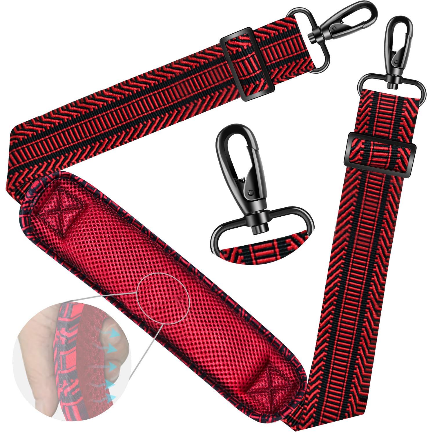 [ZINZ] Shoulder Strap 150cm Universal Bag Strap with Extra Thick Fixed Breathable Pad, Adjustable Heavy Duty Shoulder Strap for Laptop Bags, Crossbody Bags, Gym Bags, Camera Bags, etc., Black Red Jacquard