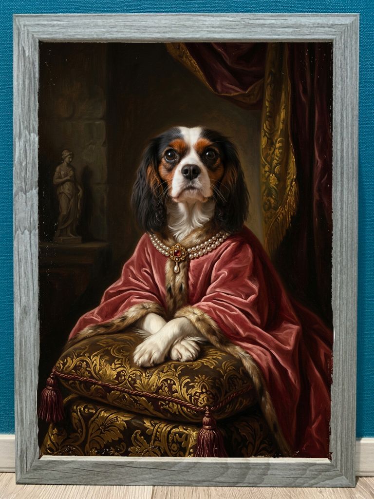 犬（キャバリア）のルネサンス風肖像画 油絵風アートA4額装インテリア
