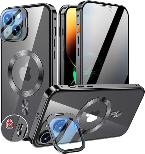 KELLCASE【カメラレンズ保護・スタンド+覗き見防止+MagSafe対応 】iPhone 14 用 ケース 全面保護 隠しスタンド付き ロック付き 両面 マグネット式 アイフォン 14 カバー ストラップホール付き透明背面 メタルフレーム d57e0c20