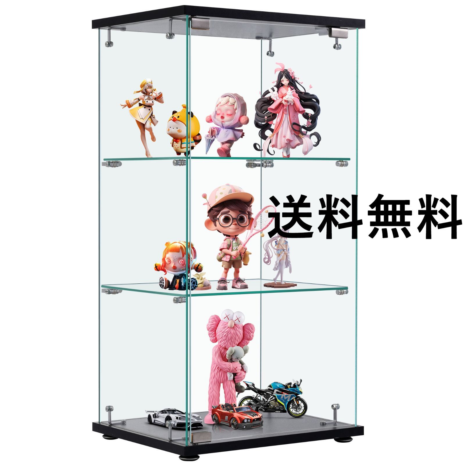 コレクションケース ガラスディスプレイキャビネット フィギュアケース 3段 ブラック 強化ガラス 全面ガラス サイズ:幅42.5×奥行36.5×高さ86cm <JETO>
