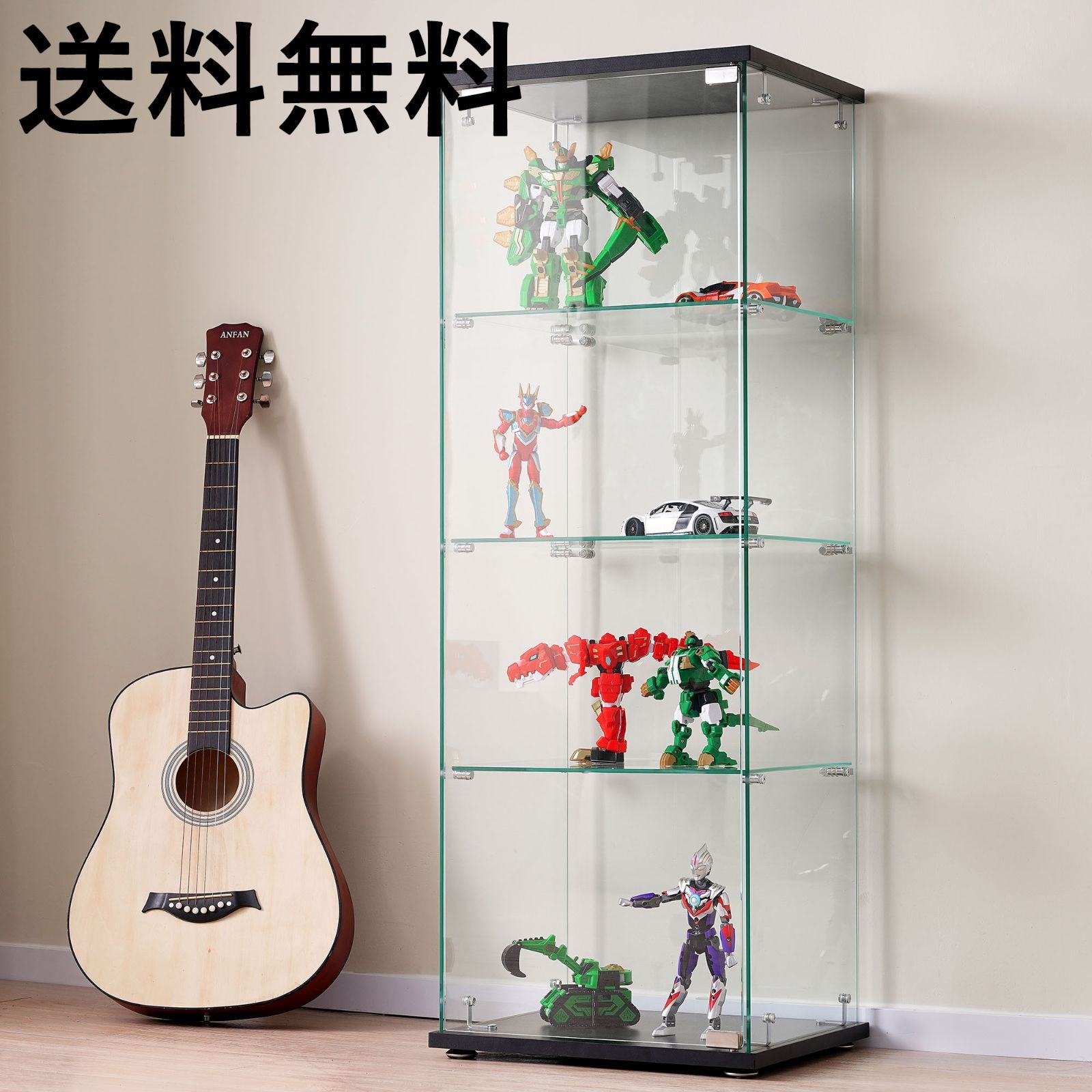 コレクションケース ガラスディスプレイキャビネット フィギュアケース 4段 ブラック 強化ガラス 全面ガラス サイズ:幅42.5×奥行36.5×高さ120cm <JETO>