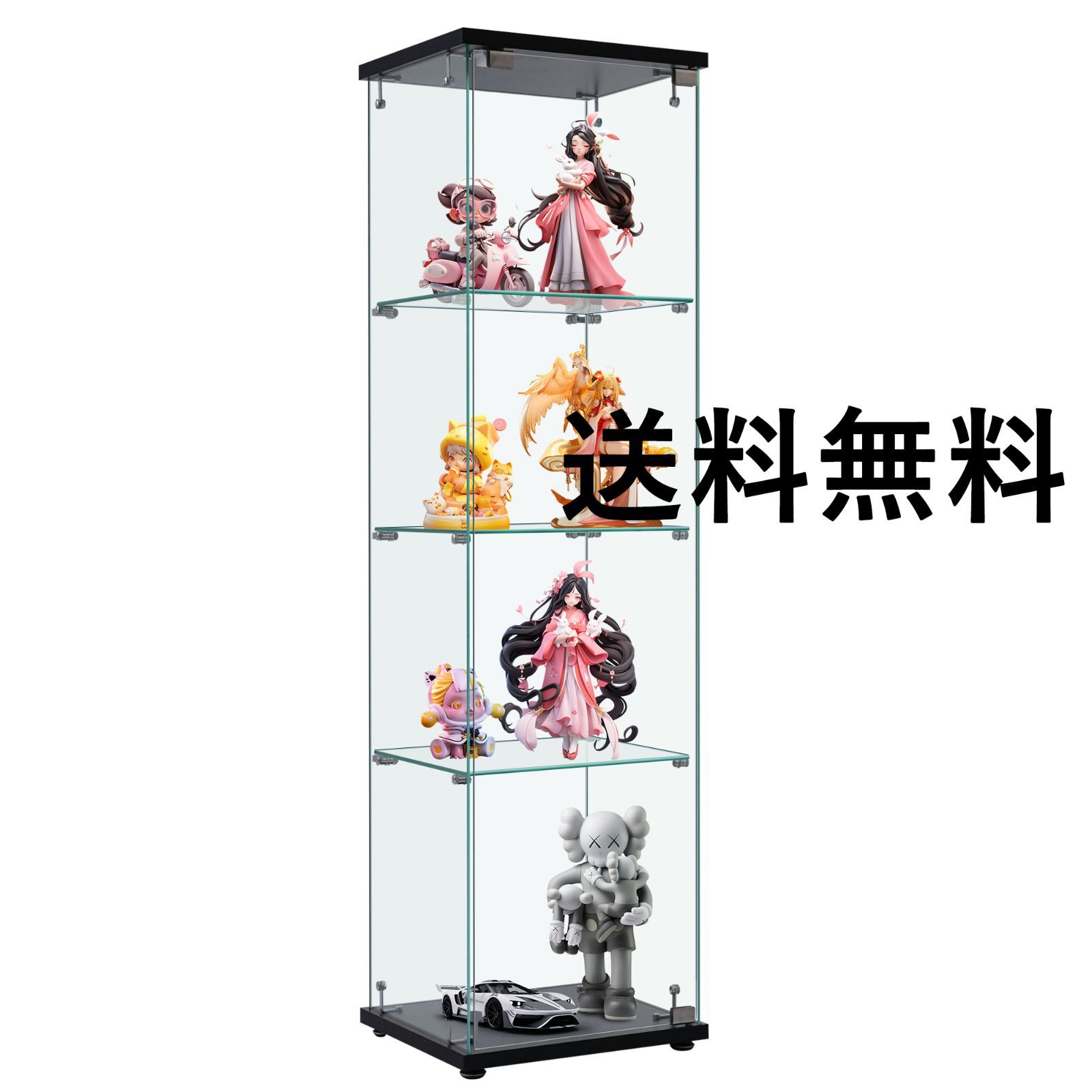 コレクションケース ガラスディスプレイキャビネット フィギュアケース 4段 ブラック 強化ガラス 全面ガラス サイズ:幅42.5×奥行36.5×高さ162cm <JETO>