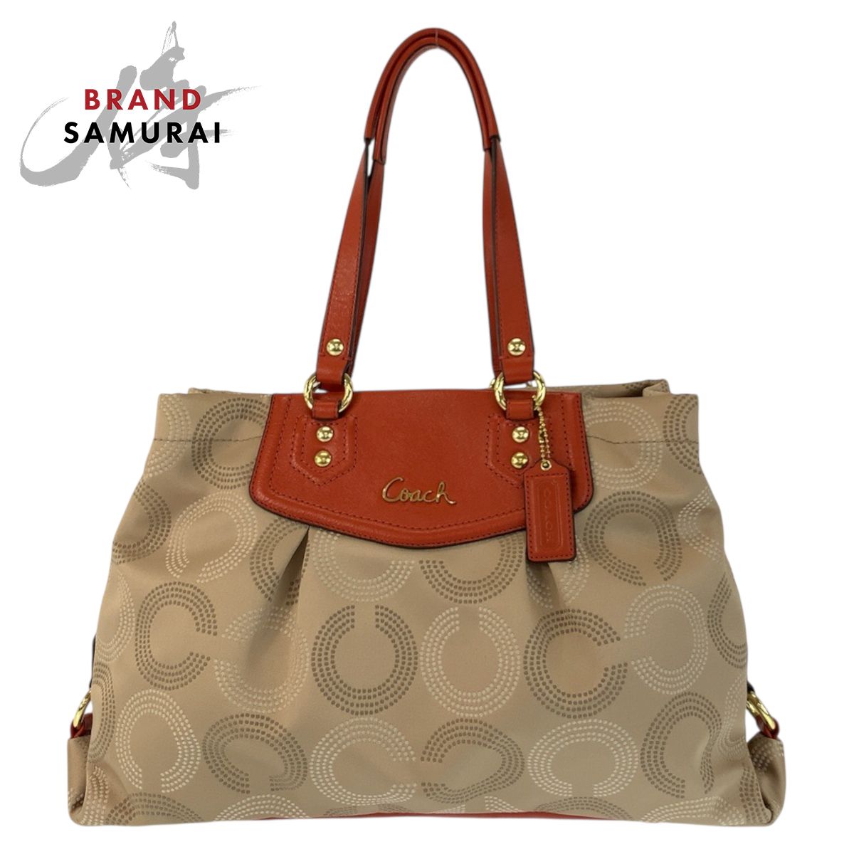 バッグ 美品 COACH コーチ オプアート ベージュ オレンジ ゴールド金具 