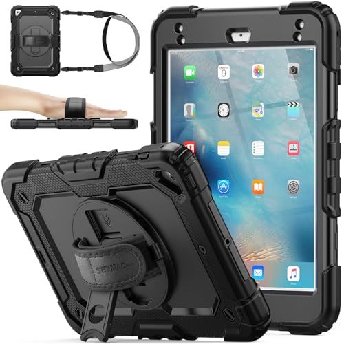 ☆新品☆SEYMAC stock iPad Mini5/Mini4専用 ケース 耐衝撃 保護フィルム付き ペン収納 360°回転スタンド ハンドストラップ ショルダーストラップ 全面保護カバー (ブラック) f69bd479
