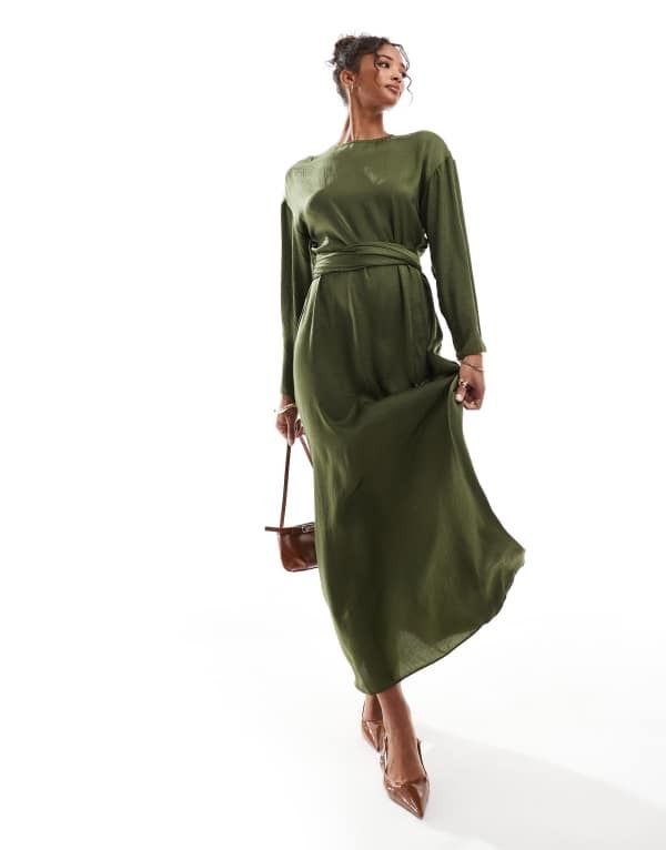 エイソス レディース トップス ワンピース タイディテール マキシワンピース サテン マキシ ASOS DESIGN satin long sleeved tie detail maxi dress Khaki カーキ