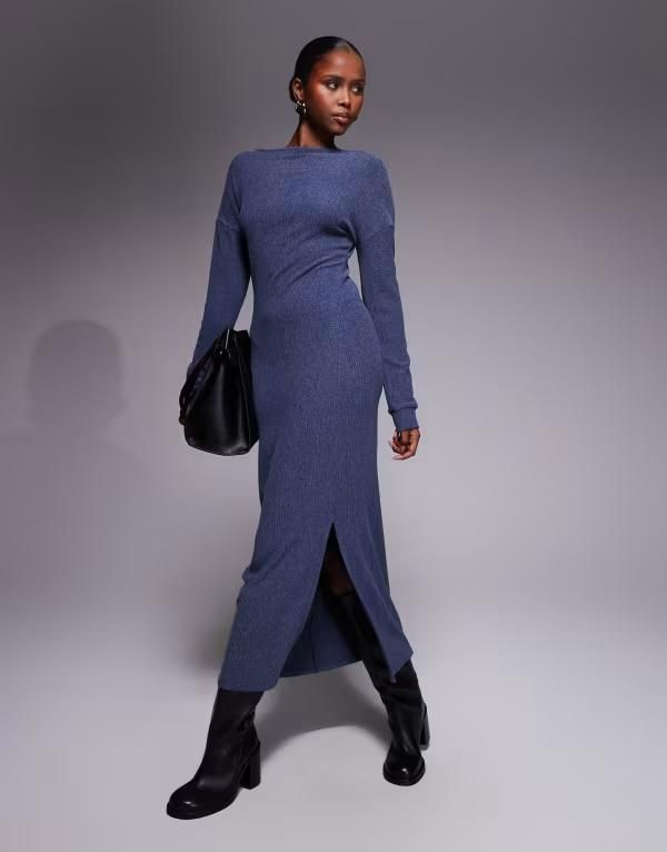 エイソス レディース トップス ワンピース マキシ ASOS DESIGN slash neck dropped shoulder maxi NAVY ネイビー