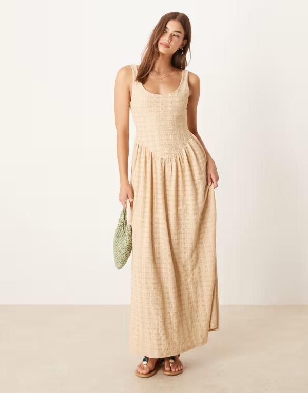 エイソス レディース トップス ワンピース ミディワンピース ミディ ASOS DESIGN textured scoop neck dropped waist midi dress BEIGE ベージュ