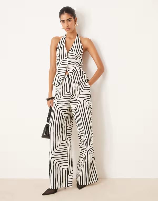 マンゴ レディース ボトムス カジュアルパンツ ワイドレッグ プリント パンツ リネン Mango scribble print linen mix wide leg pants part of a set WHITE ホワイト