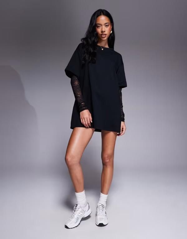 ファッションキラ レディース トップス ワンピース シャツワンピース ミニ Tシャツ コットン レース Fashionkilla cotton lace sleeves mini tshirt dress Black ブラック