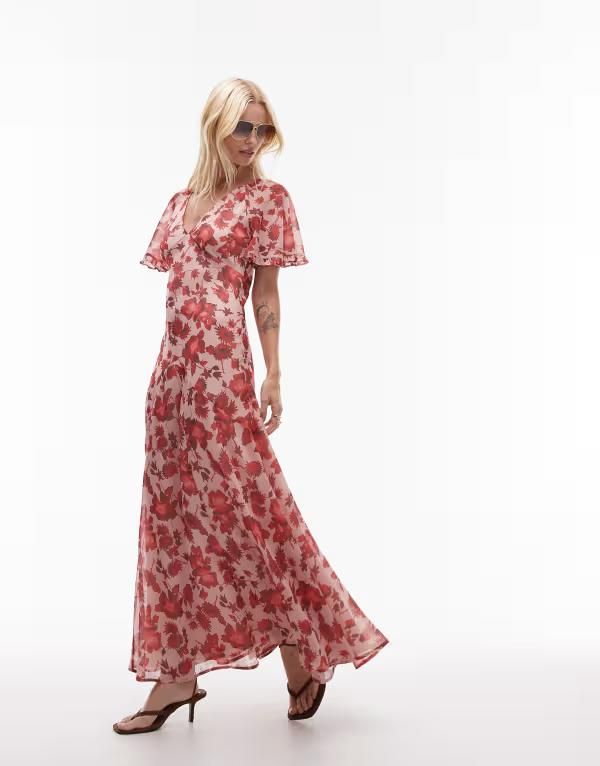 トップショップ レディース トップス ワンピース シフォン マキシワンピース フラワー柄 プリント マキシ フラワー Topshop chiffon flutter sleeve maxi dress in floral print Multi マルチカラー