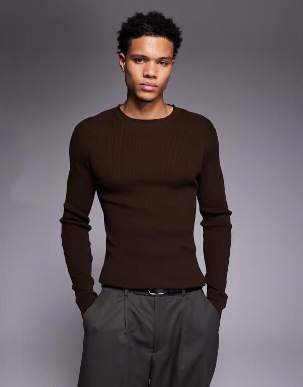 エイソス メンズ トップス Tシャツ コットン ASOS DESIGN muscle fit long sleeve micro rib Tshirt cotton blend BROWN ブラウン