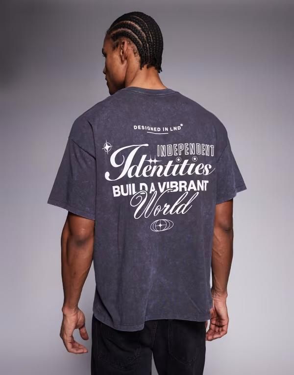 アダプト メンズ トップス Tシャツ プリント ADPT oversized tshirt with identities back and chest prints in washed Asphalt ブラック