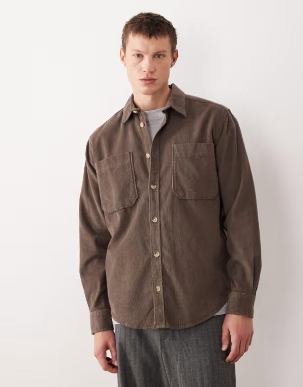 オンリーアンドサンズ メンズ トップス シャツ ONLY SONS cord overshirt in dark sage Castor gray グレー