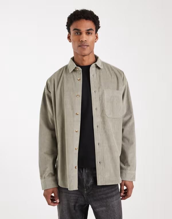 エイソス メンズ トップス シャツ ASOS DESIGN 90s oversized cord shirt in sage GREEN グリーン