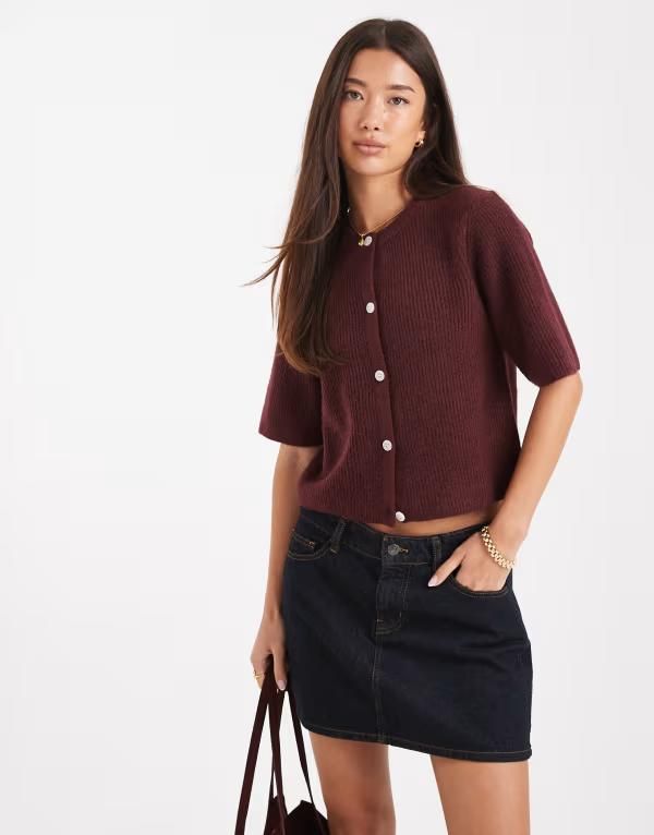 ピーシーズ レディース アウター カーディガン ニット Pieces soft knit short sleeve cardigan Heathered Tawny Port バーガンディ