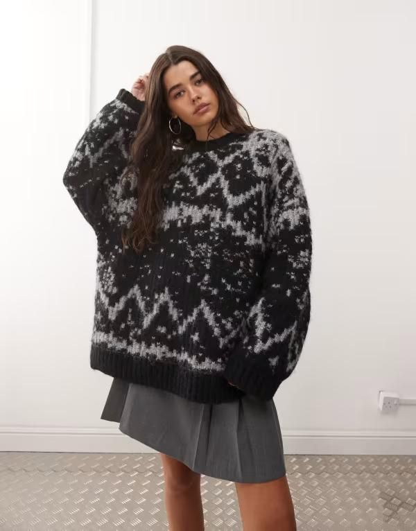 ウィークデイ レディース アウター ニット・セーター ウール Weekday premium wool blend oversized Fair Isle sweater melange and Gray melange グレー