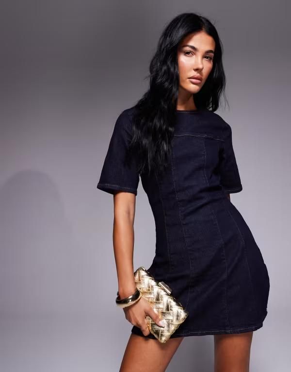 エイソス レディース トップス ワンピース ウエストマーク ミニワンピース ミニ デニム ASOS DESIGN cinched waist structured denim mini dress in rinse wash Indigo rinse インディ