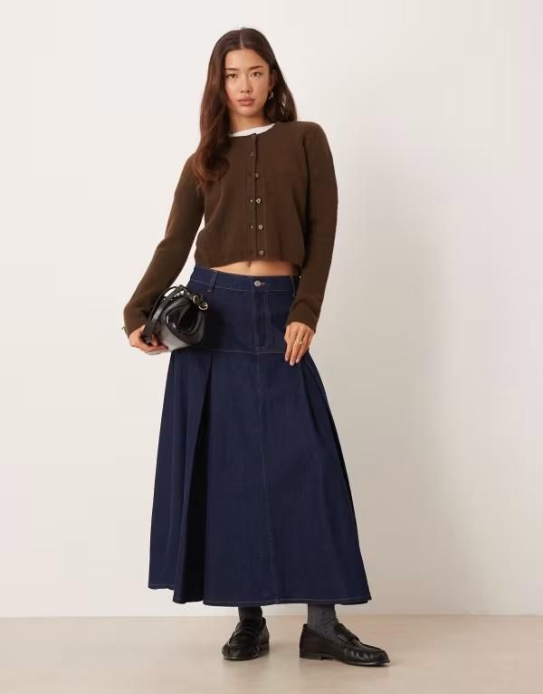 エイソス レディース ボトムスカート ミディ デニム ASOS DESIGN double pleat denimidi skirt indigo INDIGO インディゴ