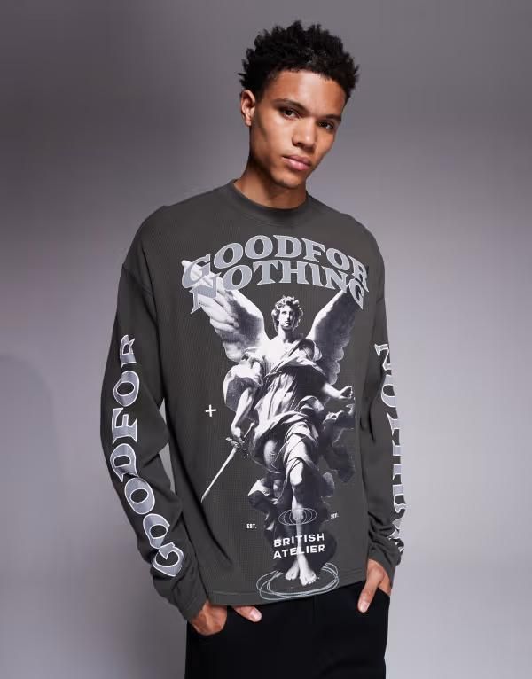 グッドフォーナッシング メンズ トップス Tシャツ プリント ニット Good For Nothing long sleeve waffle knitshirt in charcoal with multiple prints Multi マルチカラー