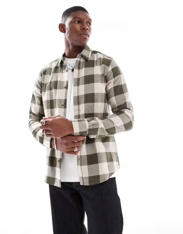 オンリーアンドサンズ メンズ トップス シャツ ONLY SONS plaid shirt in cream dark Forest Night フォレスト
