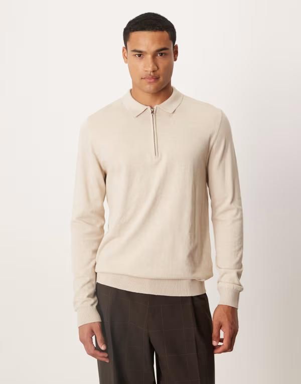 セレクティッド メンズ トップス ポロシャツ ハーフジップ Selected long sleeve half zip polo in cream Oatmeal melange オートミール