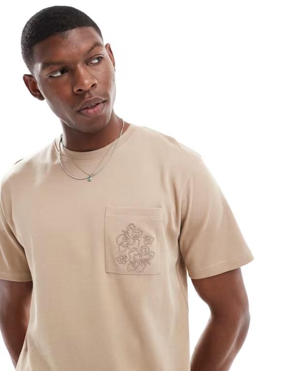 スリードベア メンズ トップス Tシャツ 刺繍 Threadbare 200GSM short sleeve Tshirt with embroidered pocket in stone ストーン